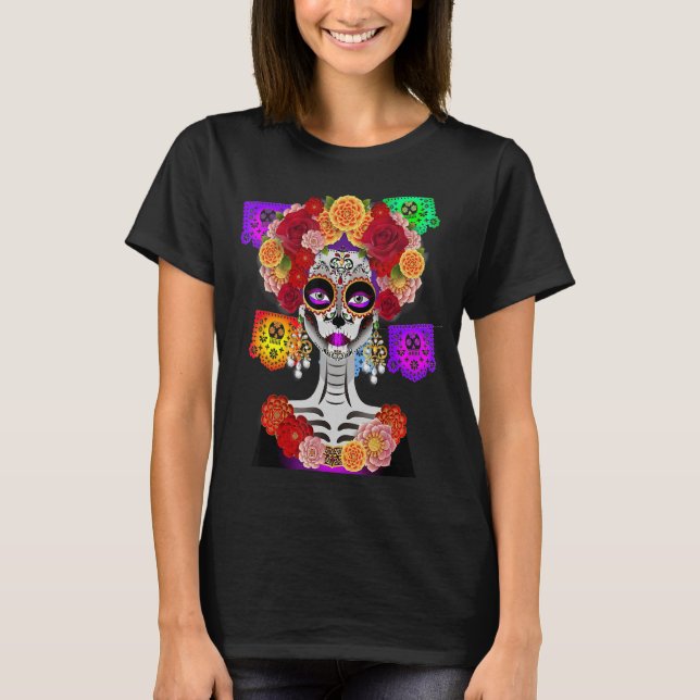 T-shirt Jour du costume mort La Catrina Fleurs crânes (Devant)