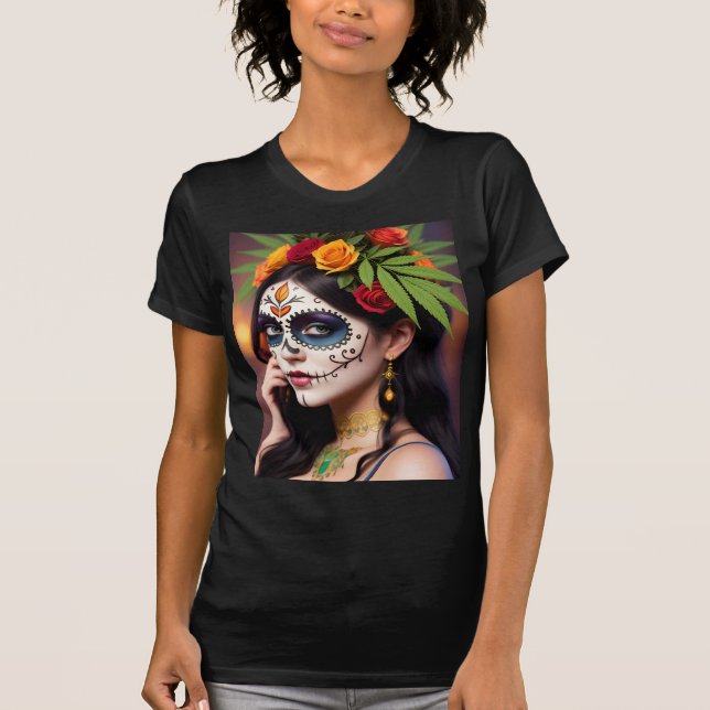 T-shirt Jour du crâne mort avec les femmes à la tête fleur (Devant)