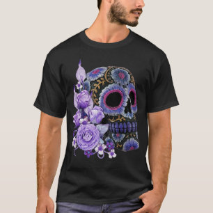 T-shirt Jour noir floral pourpre de crâne de sucre des