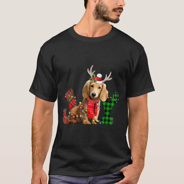 T-shirt Joy Christmas Lights Long Haired Dachshund Dog San (Devant)