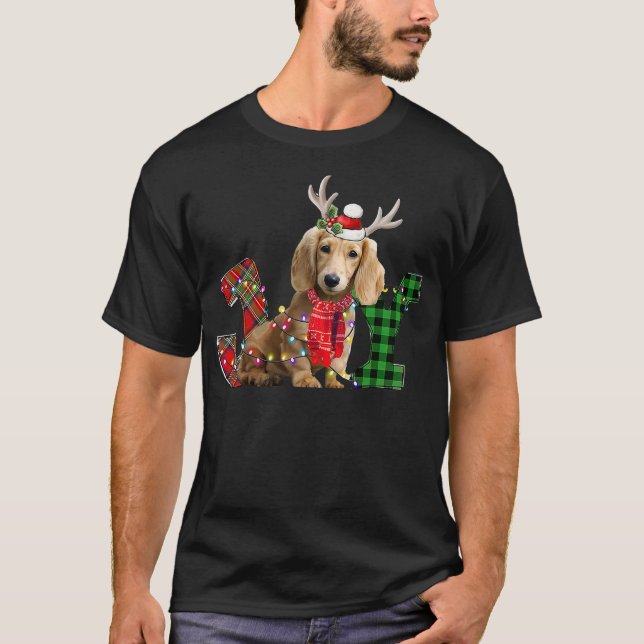 T-shirt Joy Christmas Lights Long Haired Dachshund Dog San (Devant)