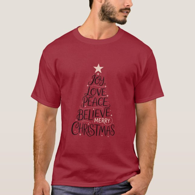 T-shirt Joy Love Peace Believe Joyeux Noël Arbre Noël (Devant)