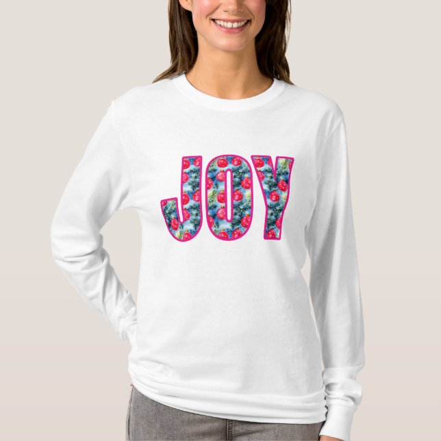 T-shirt JOY Word Art à Fuchsia rose et vert Turquoise (Devant)