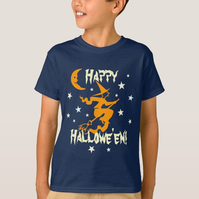 T-shirt Joyeuse sorcière d'Halloween sur Broom Stars Orang (Devant)