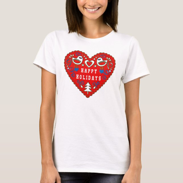T-shirt Joyeuses fêtes rouges Festive Folk Art Heart (Devant)