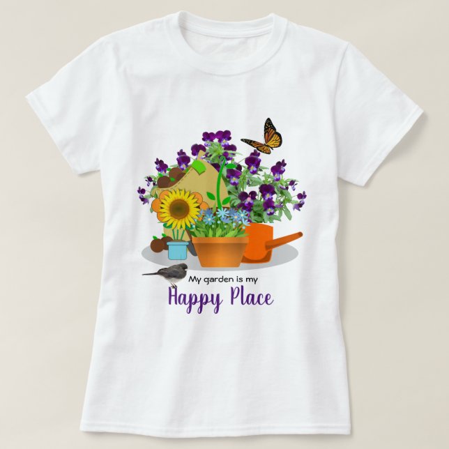 T-shirt Joyeuses Fleurs de Jardin Oiseau et Papillon blanc (Design devant)