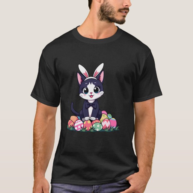 T-shirt Joyeuses Pâques Chat Lapin Oreilles Oeuf Chasse Dr (Devant)
