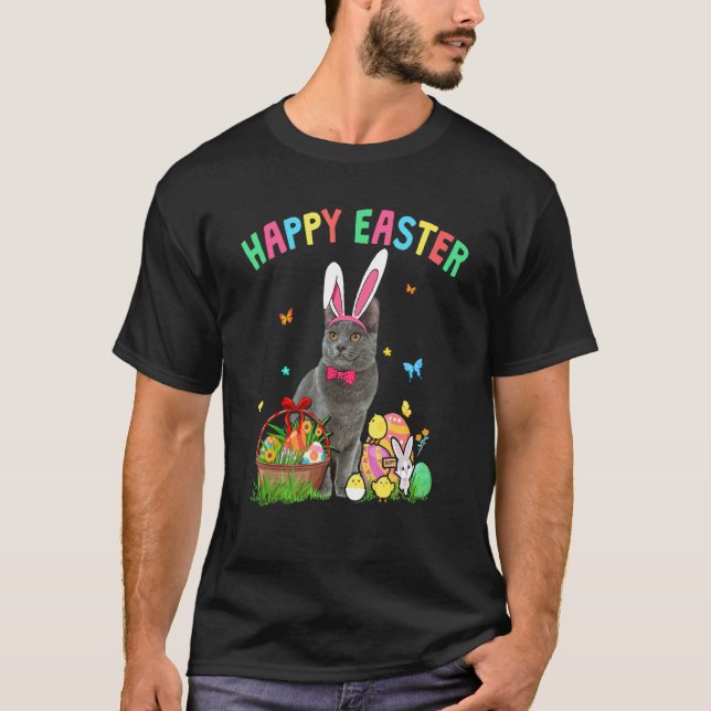T-shirt Joyeuses Pâques Mignon Lapin Chat Avec Panier d'œu (Devant)