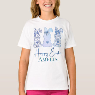T-shirt Joyeuses Pâques Trois Lapin Floral Bleu Personnali
