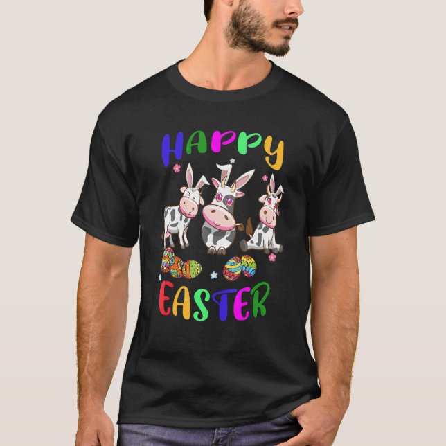 T-shirt Joyeuses Pâques  Trois vaches lapins chassent des  (Devant)