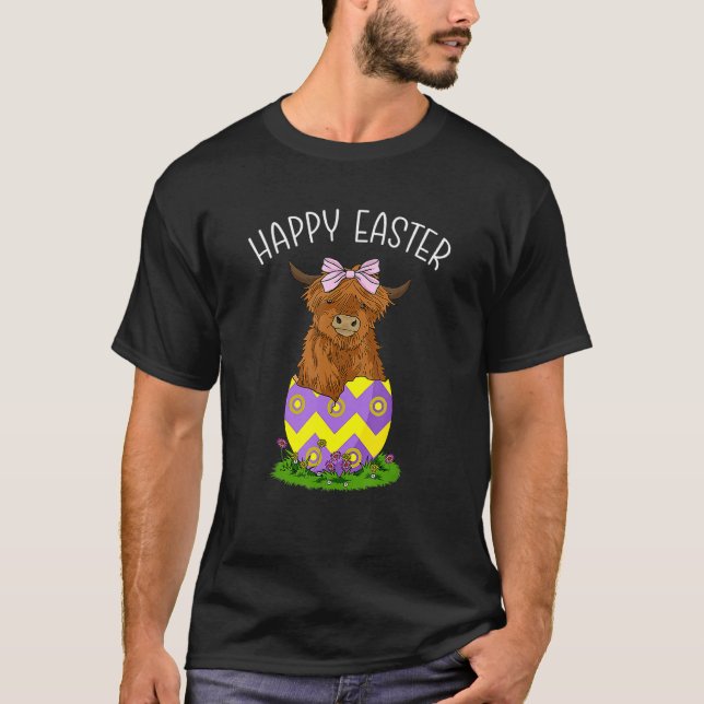 T-shirt Joyeuses Pâques Vache Écossaise des Highlands Œuf  (Devant)