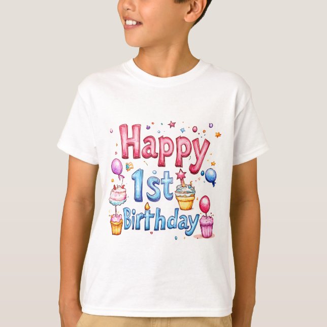 T-shirt Joyeux 1er anniversaire - Design d'illustration co (Devant)