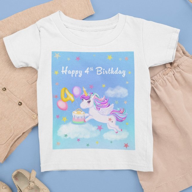 T-Shirt Joyeux 4 Anniversaire Unicorne avec gâteau d'anniv (Créateur téléchargé)