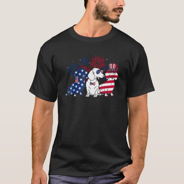 T-shirt Joyeux 4 Juillet Trois Bleu Blanc Dachshund Chien  (Devant)