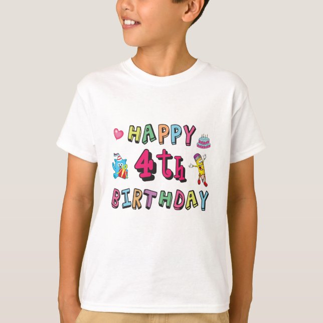 T-shirt Joyeux 4e anniversaire. 4 ans b-jour. (Devant)