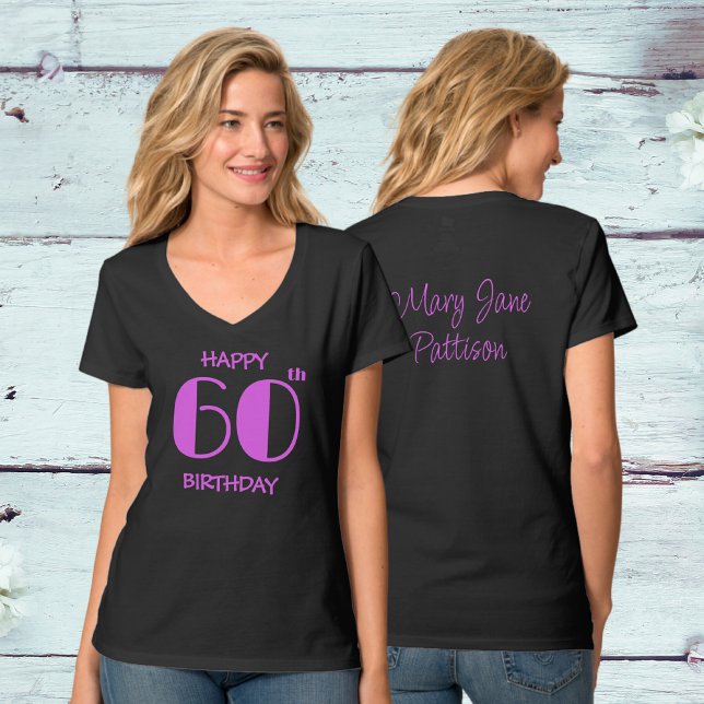 T-shirt Joyeux 60e anniversaire Hot rose Nom noir (Front And Back)