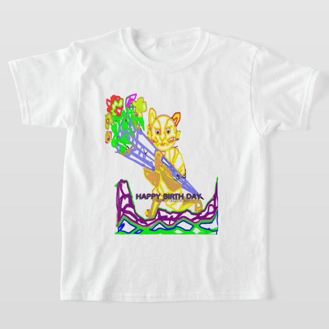 T-shirt Joyeux Anniversaire Chat avec des Fleurs (Poser)