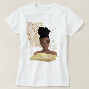 T-shirt Joyeux Anniversaire, Femme noire, Feuille d'or tro