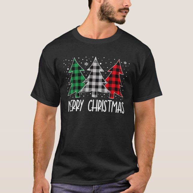 T-shirt Joyeux arbres de Noël Rouge Buffle Vert Plaid (Devant)