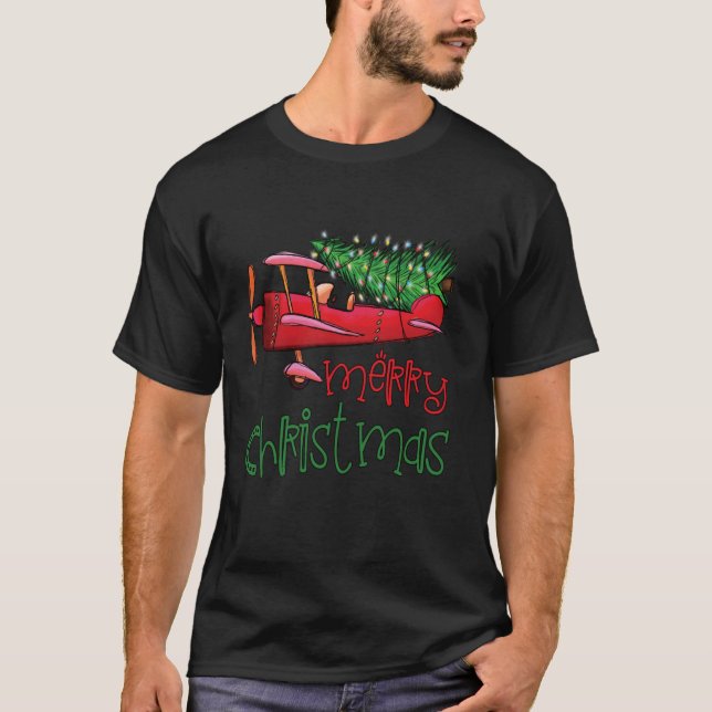 T-shirt Joyeux avion de Noël Arbre de Noël Pilote (Devant)