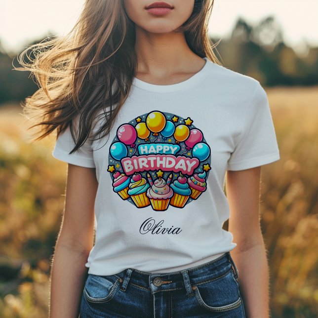 T-shirt Joyeux Ballons colorés et Cupcakes d'anniversaire (Créateur téléchargé)