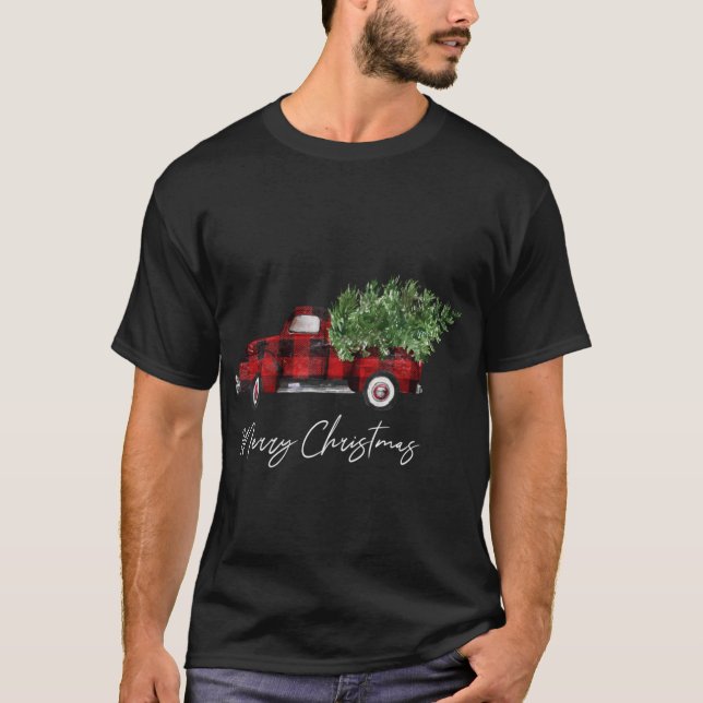 T-shirt Joyeux Buffalo de Noël Plaid Camion Arbre Rouge (Devant)