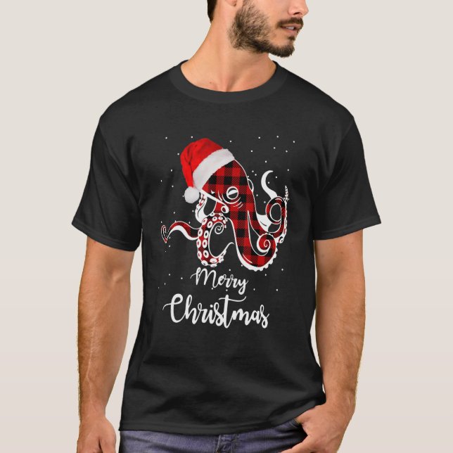 T-shirt Joyeux Buffalo Plaid Octopus Christmas Li (Devant)
