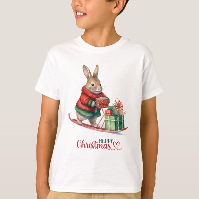 T-shirt Joyeux cadeau de lapin de Noël sur un traîneau (Devant)