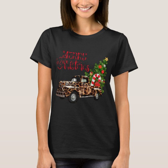 T-shirt Joyeux Camion Leopard de Noël avec arbre (Devant)