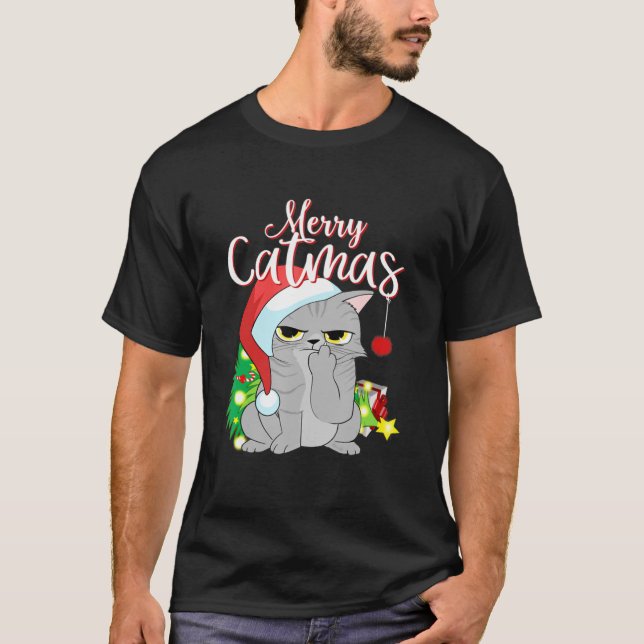 T-shirt Joyeux Catmas Santa Chapeau Grey Chat Drôle Noël M (Devant)