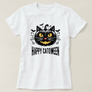 T-shirt Joyeux Catoween Chat Noir Visage de Citrouille Hal