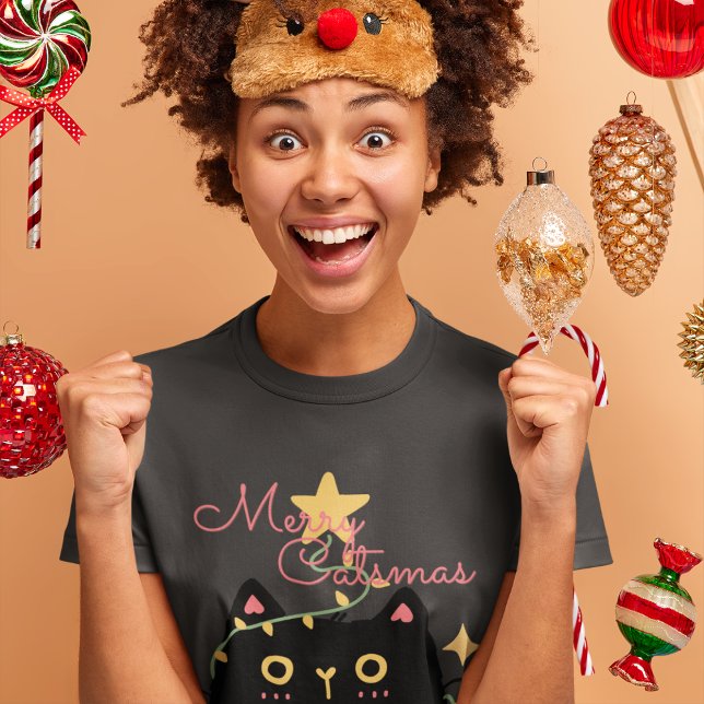 T-shirt Joyeux catsmas : Chat noir avec lumières de Noël (Créateur téléchargé)