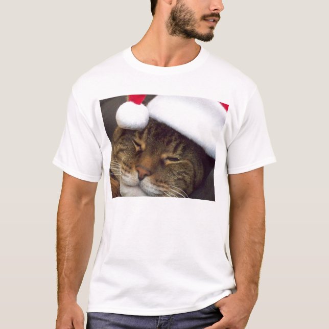 T-shirt Joyeux chat de Noël avec chemise santa chapeau (Devant)