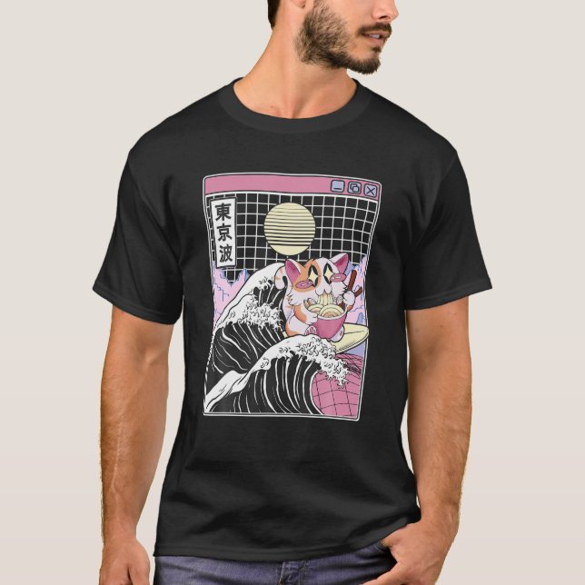 T-shirt Joyeux chat manger Ramen surf Kanagawa Wave Anime (Devant)