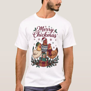 T-shirt Joyeux Chickmas Noël Poulets Chapeaux Cadeaux Neig