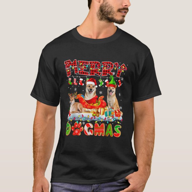 T-shirt Joyeux Chien de Noël Trois Père Noël Reindeer Elf  (Devant)