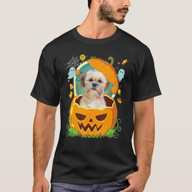 T-shirt Joyeux Citrouille d'Halloween Shichon Chien sorcie (Devant)