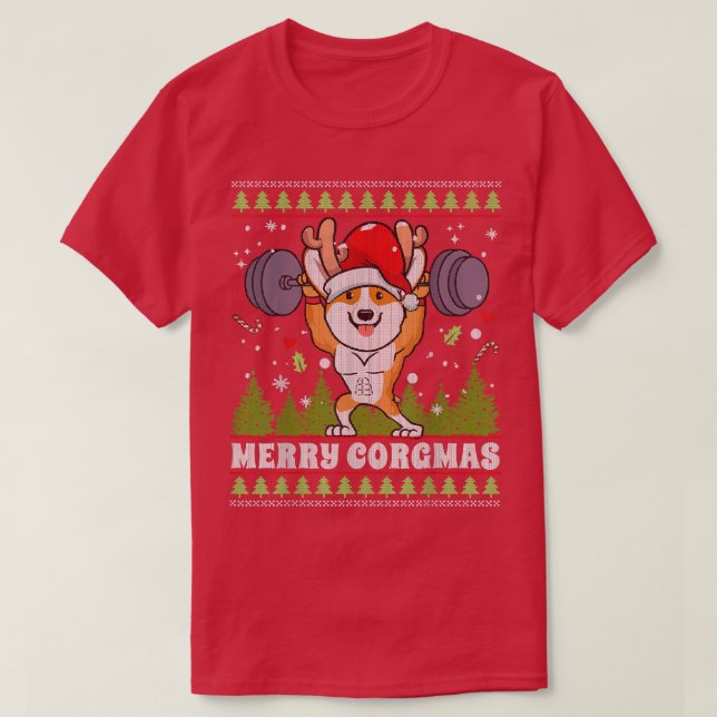 T-shirt Joyeux Corgmas Corgi Chien haltérophilie laide Noë (Design devant)