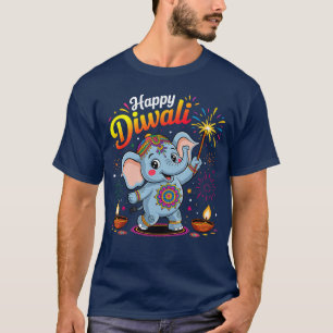T-shirt Joyeux Diwali Éléphant Mignon Lumières de Fête Cél