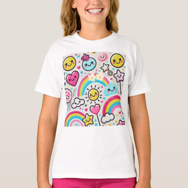 T-shirt Joyeux Emoji Girls’ Rainbow Tee Pour Halloween (Devant)