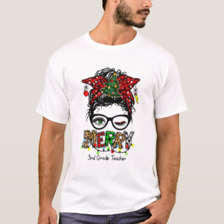 T-shirt Joyeux Enseignant de 3e année Messy Bun Joyeux Noë