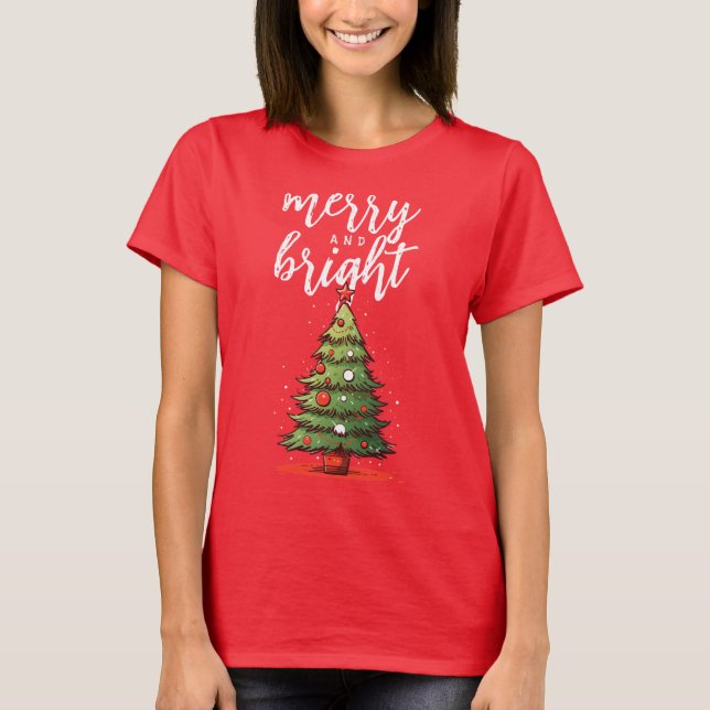 T-shirt Joyeux et brillant Noël des femmes rouges modernes (Devant)