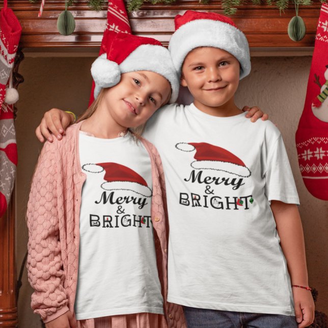 T-shirt Joyeux et lumineux avec Santa Hat Noël Enfants (Merry & Bright with Santa Hat Christmas Kids T-Shirt)