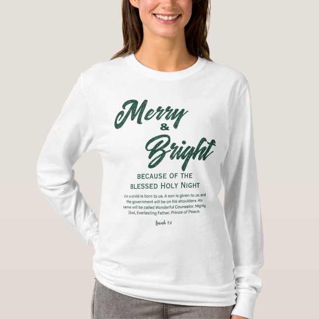 T-shirt Joyeux et lumineux Noël vert Script (Devant)