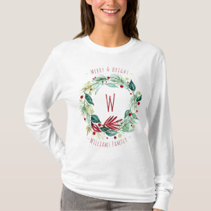 T-shirt Joyeux et verdure brillante Wreath Monogram Holida