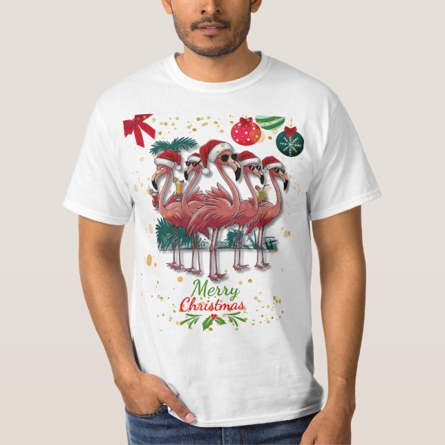 T-shirt Joyeux Flamant rose de Noël drôle avec lunettes de (Devant)