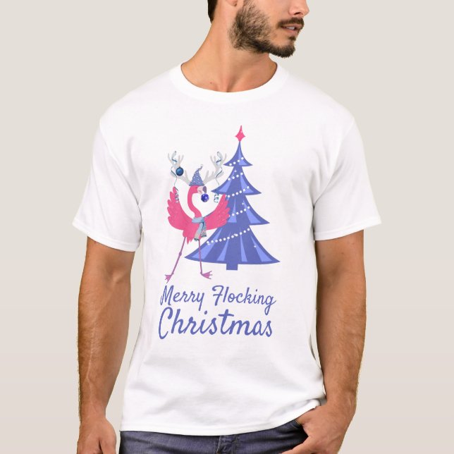 T-shirt Joyeux Flocking Noël Drôle Flamant rose Reindeer (Devant)
