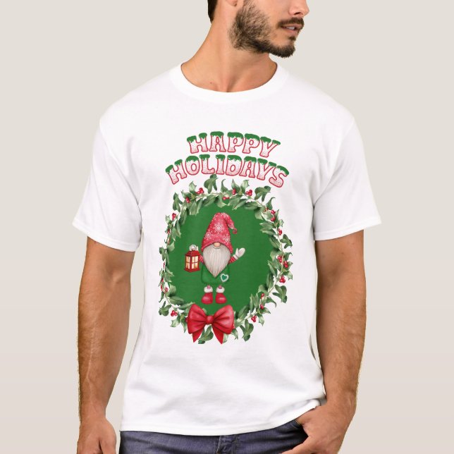 T-shirt Joyeux Gnome des Fêtes à l'intérieur d'une couronn (Devant)