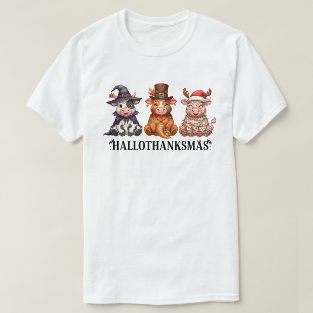 T-shirt Joyeux Hallothankmas Highland Cow (Design devant)