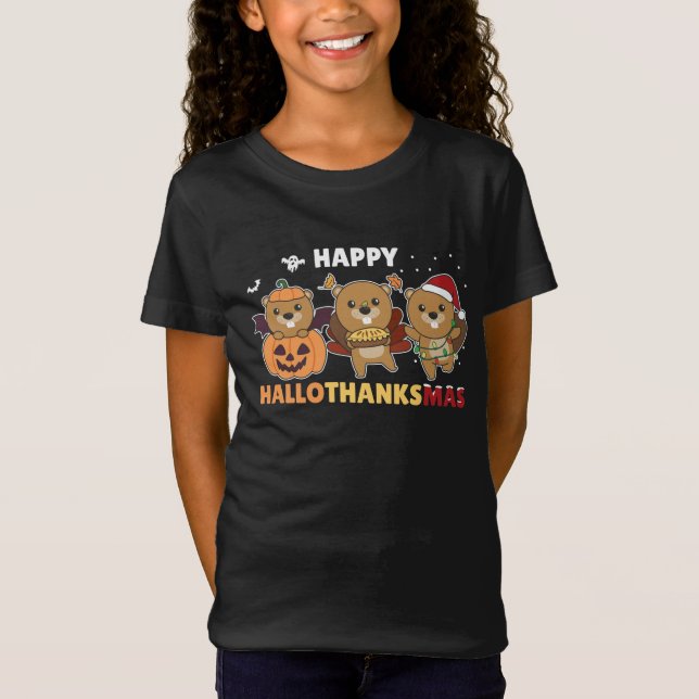 T-Shirt Joyeux Hallothanksmas Beaver Beaver Christmas Beav (Devant)